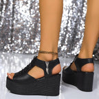 Damen Plateau-Sandalen mit modischer Schnürung und luftiger Obermaterialstruktur R&B