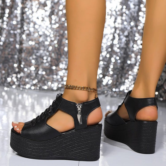 Damen Plateau-Sandalen mit modischer Schnürung und luftiger Obermaterialstruktur R&B