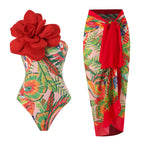 Damen Eleganter Badeanzug mit großem Blumen-Detail und transparentem Überrock R&B