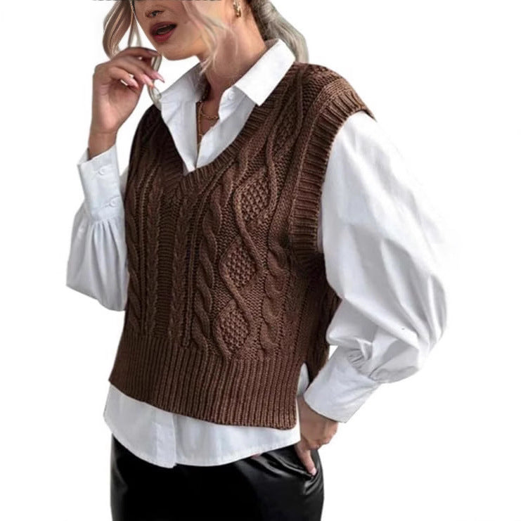 Damen Strickweste mit V-Ausschnitt und Zopfmuster R&B
