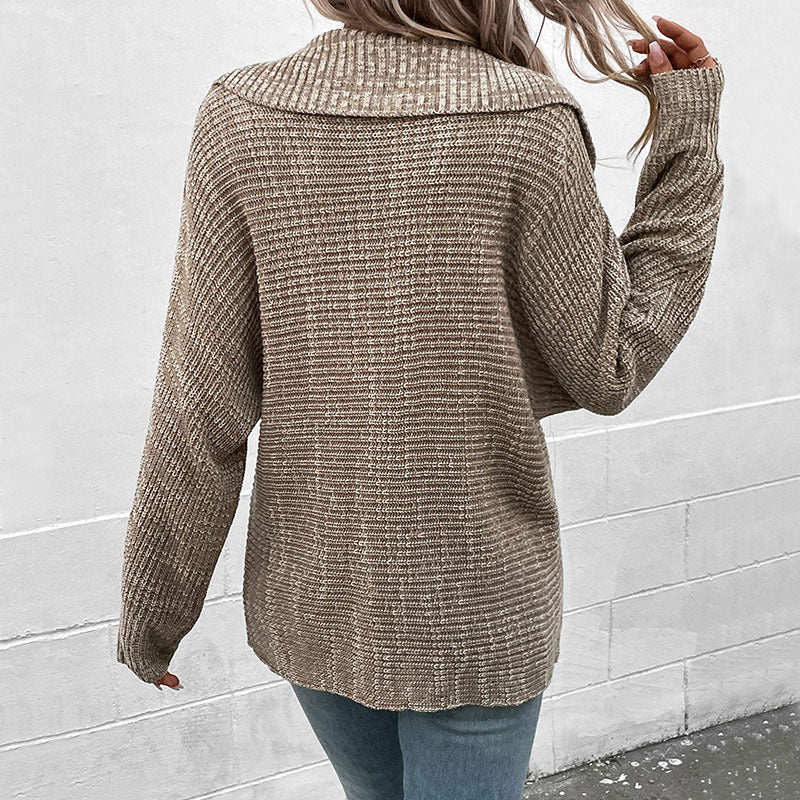 Damen stylischer Strickpullover mit tiefem V-Ausschnitt und überschnittenen Ärmeln R&B