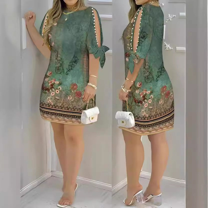 Damen Kleid mit floralen Mustern und offenen Schulterdetails R&B