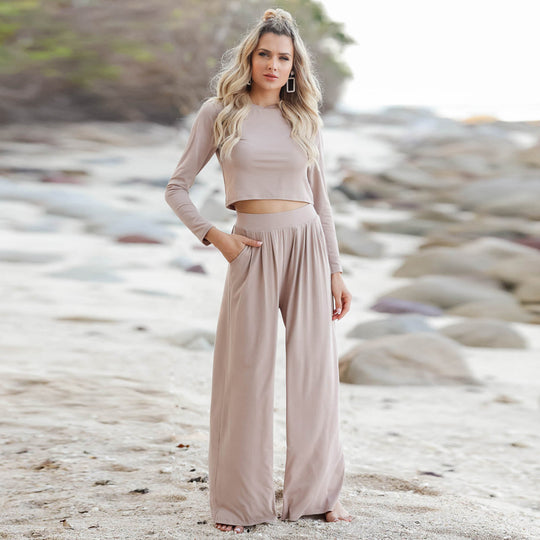 Damen Lässiger Wide-Leg Jumpsuit mit langen Ärmeln und praktischen Taschen R&B