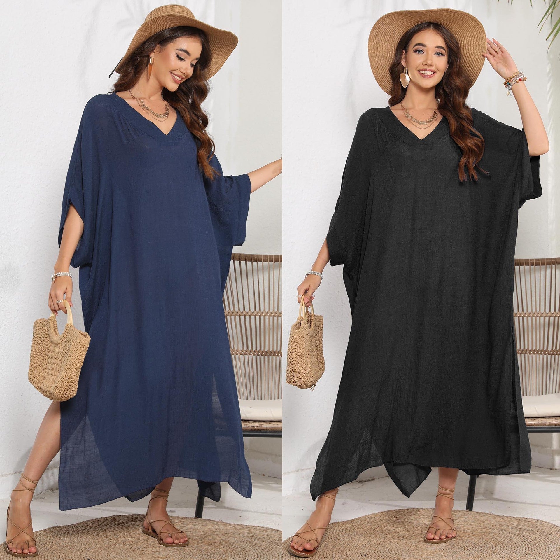 Damen luftiges Sommer-Kleid mit V-Ausschnitt und asymmetrischem Saum R&B