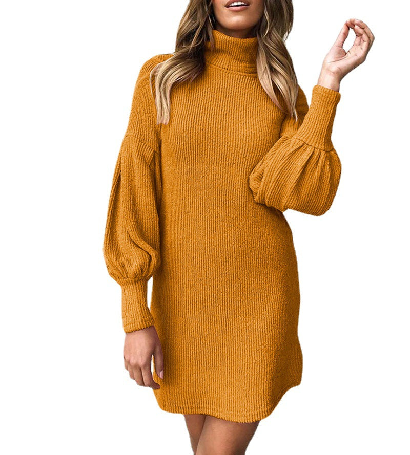 Damen kuscheliges Rippstrickkleid mit hohem Kragen und Puffärmeln R&B