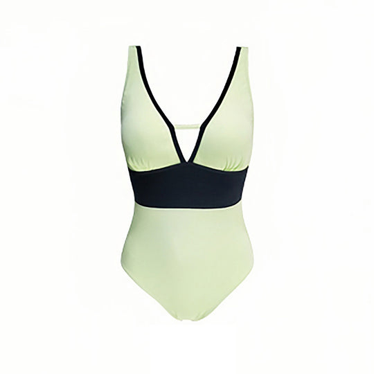 Damen Einteiler Badeanzug mit tiefem V-Ausschnitt und kontrastierenden Details R&B