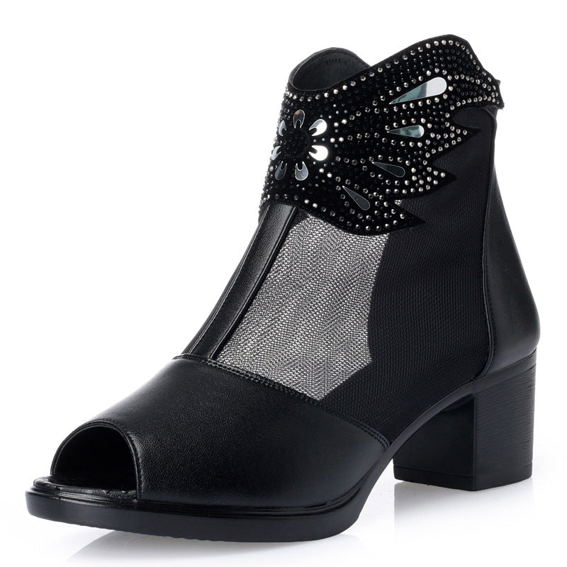Damen Offene Stiefeletten mit transparentem Mesh-Einsatz und funkelnden Verzierungen R&B