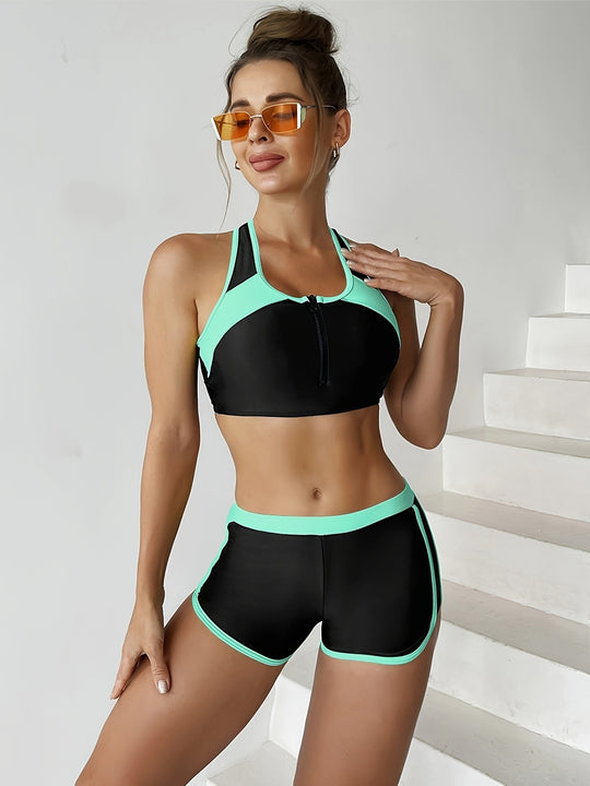 Damen Sportliches Bikini-Set mit kurzer Hose und Reißverschluss R&B