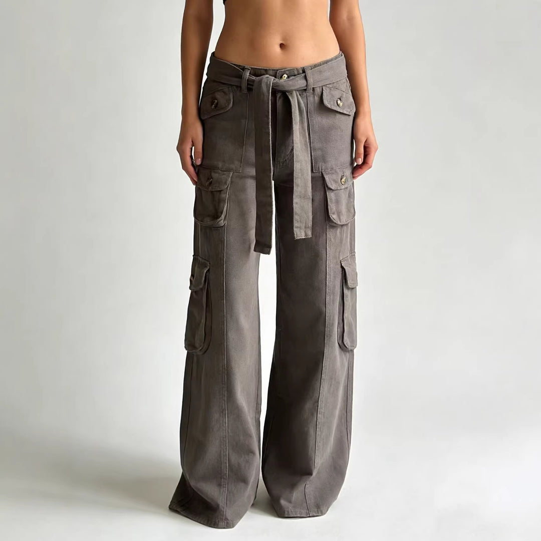 Damen modische weite Cargo-Hosen mit Gürtel und Taschen R&B
