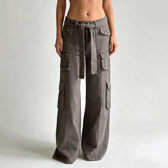 Damen modische weite Cargo-Hosen mit Gürtel und Taschen R&B