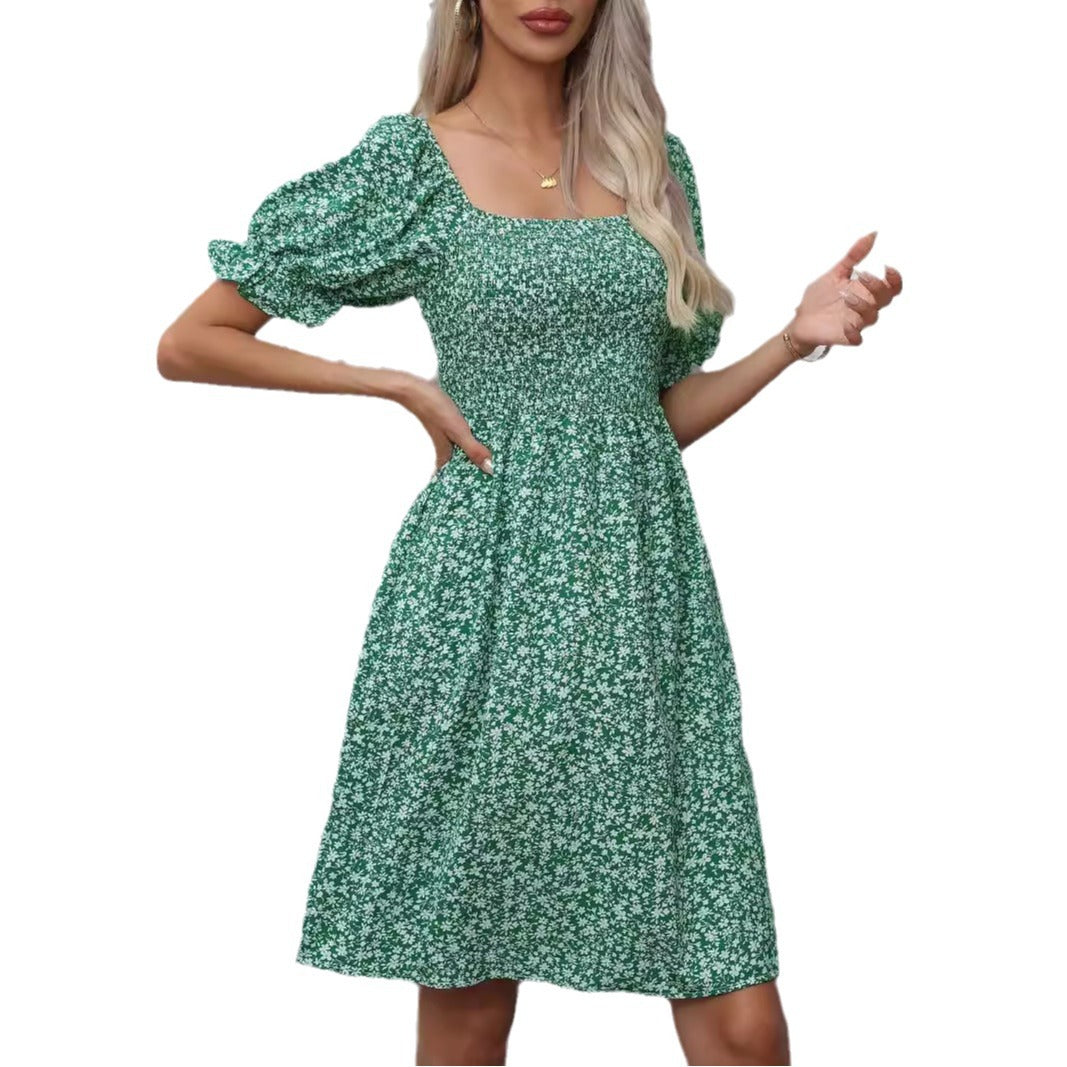 Damen Blumenkleid mit Puffärmeln und Gummizug R&B