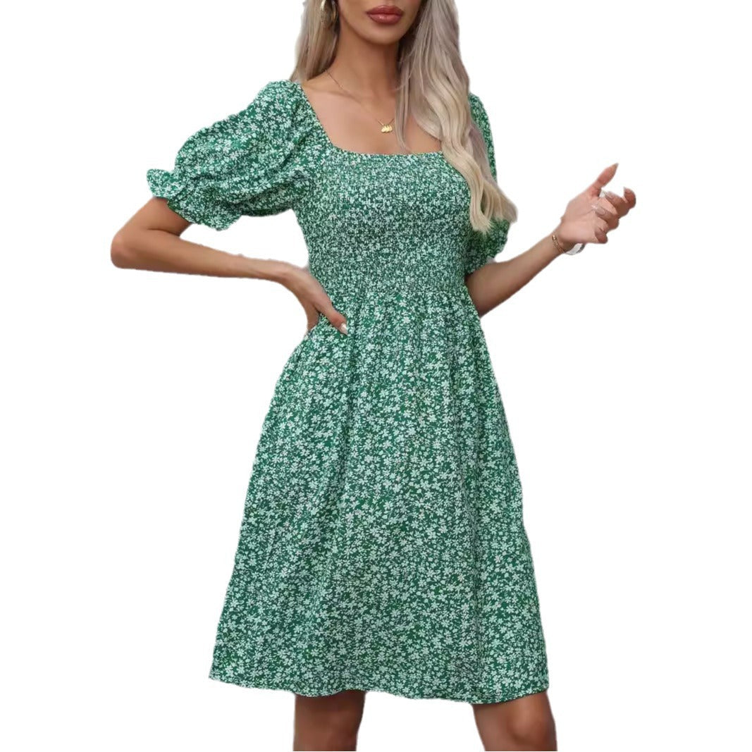 Damen Blumenkleid mit Puffärmeln und Gummizug R&B