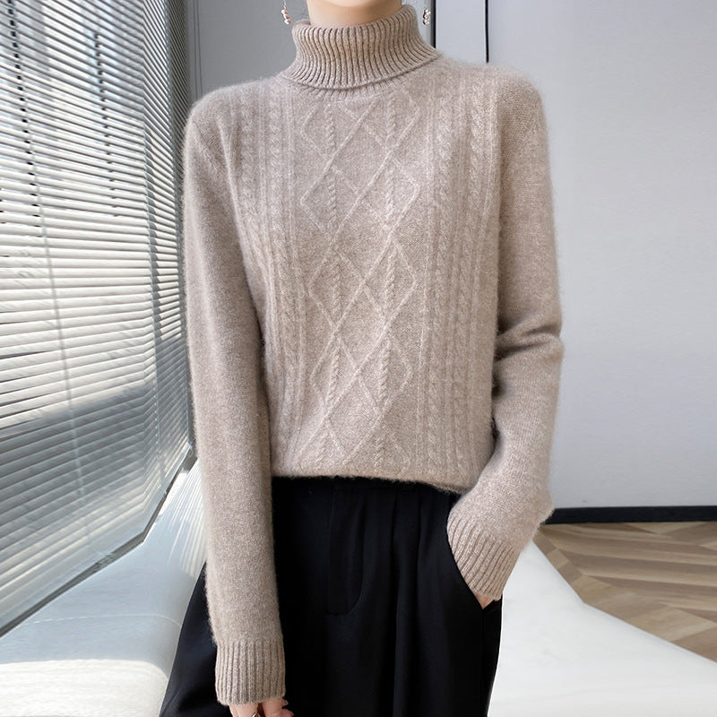 Damen Strickpullover mit hoch geschlossenem Kragen und Zopfmuster R&B