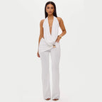 Damen elegantes, figurbetontes Jumpsuit mit tiefem Ausschnitt und weitem Bein R&B
