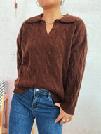 Damen Grobstrickpullover mit farbenfrohem Zopfdesign und klassischem Kragen R&B