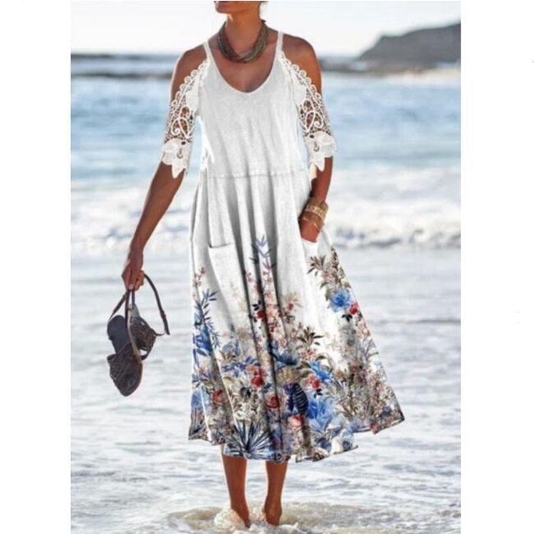 Damen Maxikleid mit eleganten Spitzenärmeln und floralem Muster Heidi-Mode