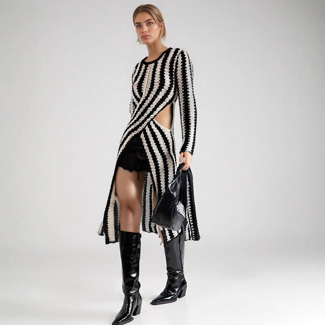Damen Designer-Strickkleid mit asymmetrischem Schnitt und grafischem Muster R&B