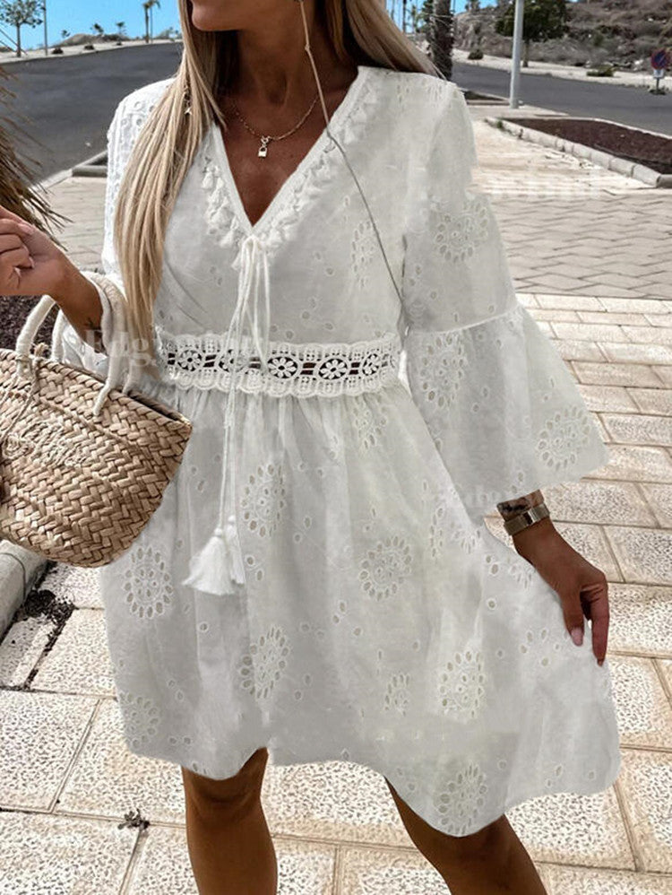 Damen Sommerkleid mit luftigen Trompetenärmel und elegantem Häkelgürtel R&B