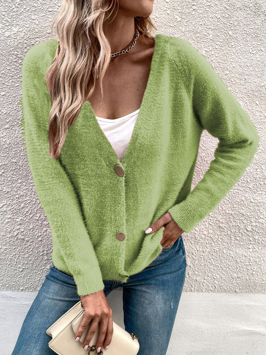Damen kuschelige V-Knopfstrickjacke aus weichem Material R&B