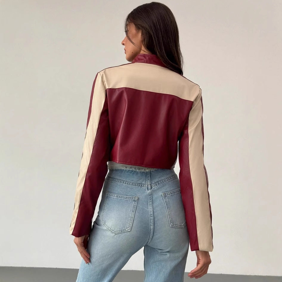 Damen cropped Kunstlederjacke mit kontrastierenden Einsätzen R&B