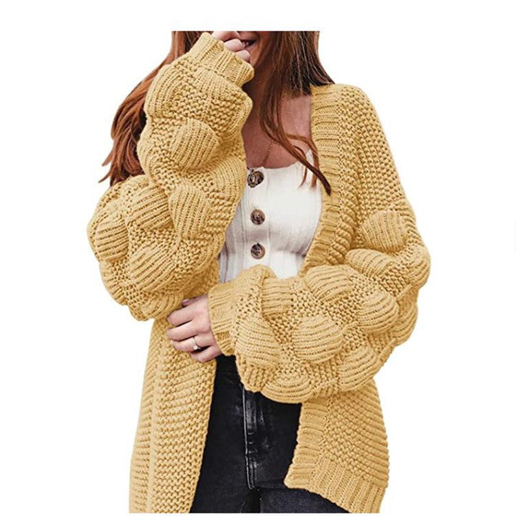 Damen Grobstrick-Cardigan mit voluminösen Puffärmeln und elegantem V-Ausschnitt R&B