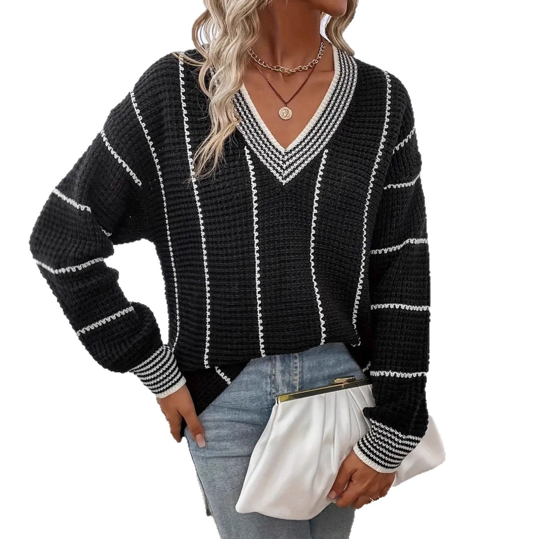 Damen grober Strickpullover mit eleganter V-Ausschnittgestaltung und modischem Streifenmuster R&B
