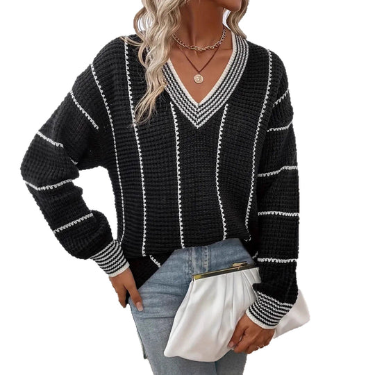 Damen grober Strickpullover mit eleganter V-Ausschnittgestaltung und modischem Streifenmuster R&B