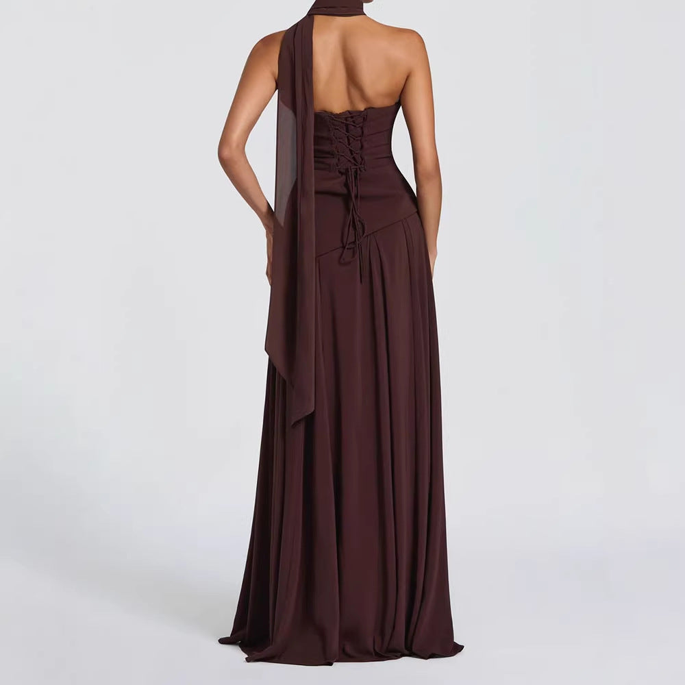 Damen elegantes maxikleid mit schulterfreiem Design und raffinierten Drapierungen R&B
