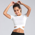Damen kurzärmliges Trainings-Crop-Top mit innovativer Wickeloptik R&B