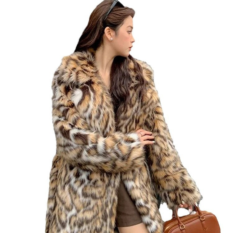 Damen Elegante und modische Kunstpelzjacke mit animalischem Muster R&B