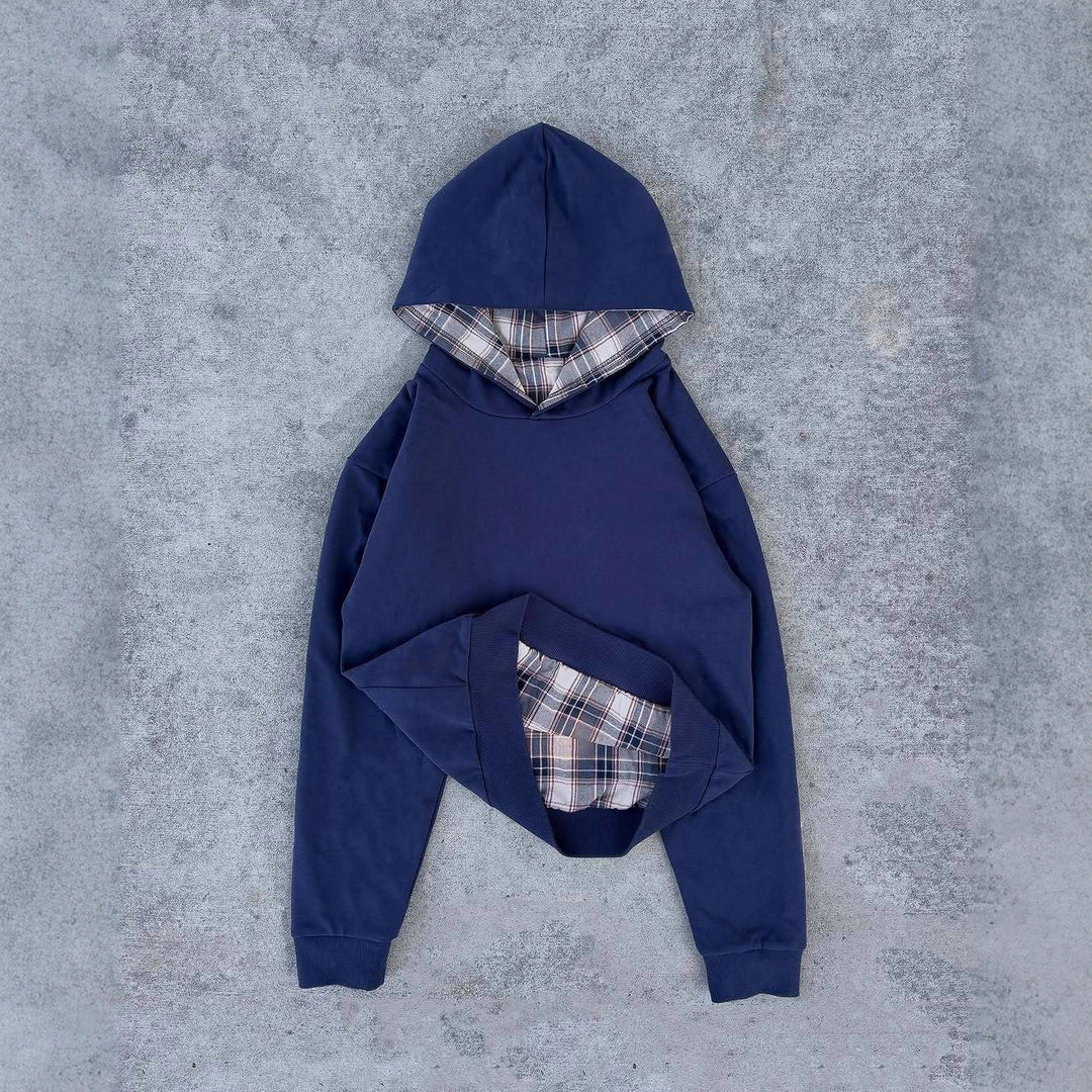 Damen nan kurz geschnittenes Kapuzensweatshirt mit kariertem Flanellfutter und Kängurutasche R&B