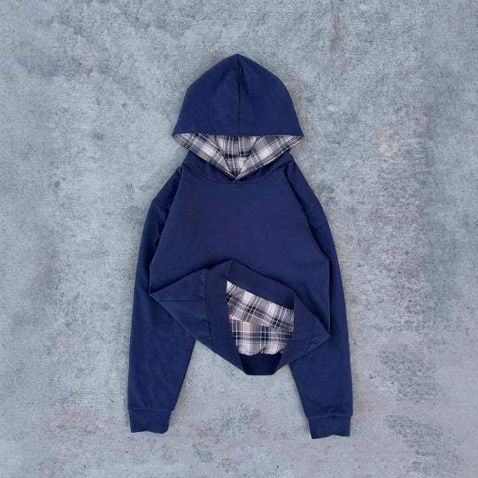 Damen nan kurz geschnittenes Kapuzensweatshirt mit kariertem Flanellfutter und Kängurutasche R&B