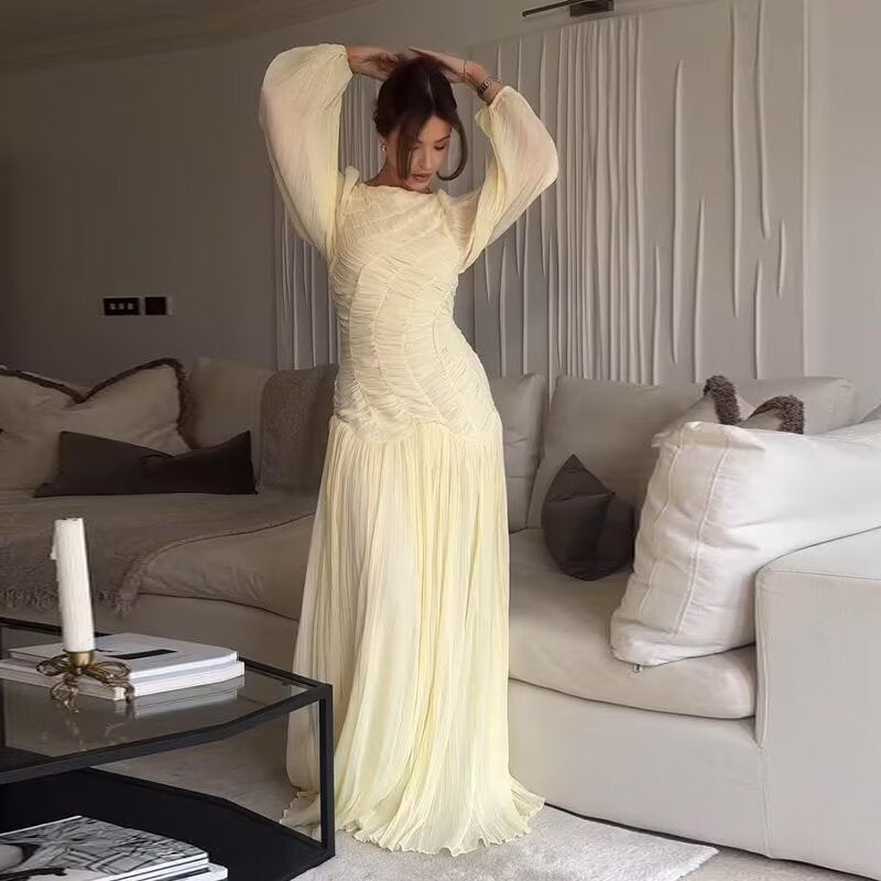 Damen Maxikleid mit eleganter Raffung und voluminösen Ärmeln R&B