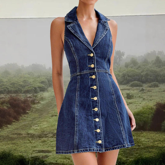 Damen Jeanskleid mit modernem Reverskragen und Knopfdetails R&B