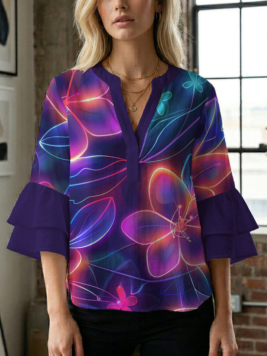 Damen Bluse mit voluminösen Rüschenärmeln und floralem Muster R&B