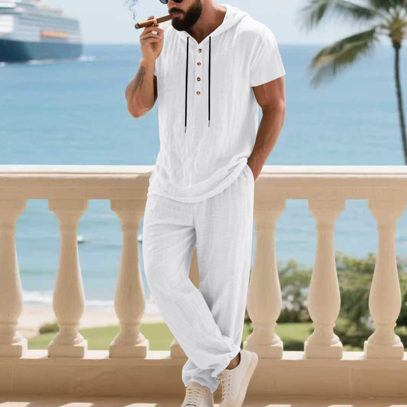 Herren komfortables Freizeit-Set mit modischem Henley-Oberteil und lockeren Hosen R&B