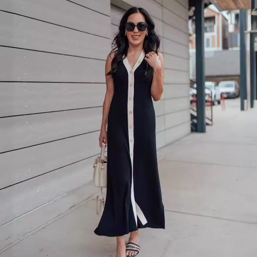 Damen Elegantes Maxikleid mit modernem V-Ausschnitt und asymmetrischem Saum R&B