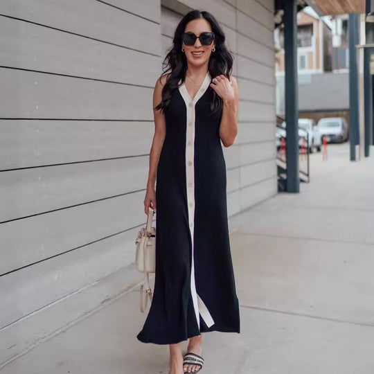 Damen Elegantes Maxikleid mit modernem V-Ausschnitt und asymmetrischem Saum R&B