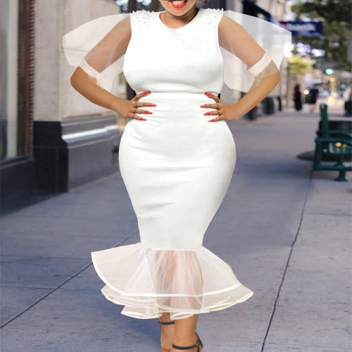 Damen elegantes figurbetontes Kleid mit Tüllärmeln und Rüschenabschluss R&B