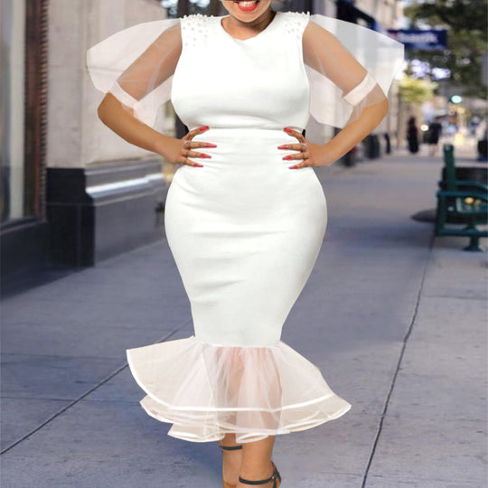Damen Elegantes Maxikleid mit voluminösen Tüllärmeln und Rüschensaum R&B