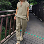 Damen lässiges Freizeit-Outfit mit strukturiertem Oberteil und bequemen Hosen R&B