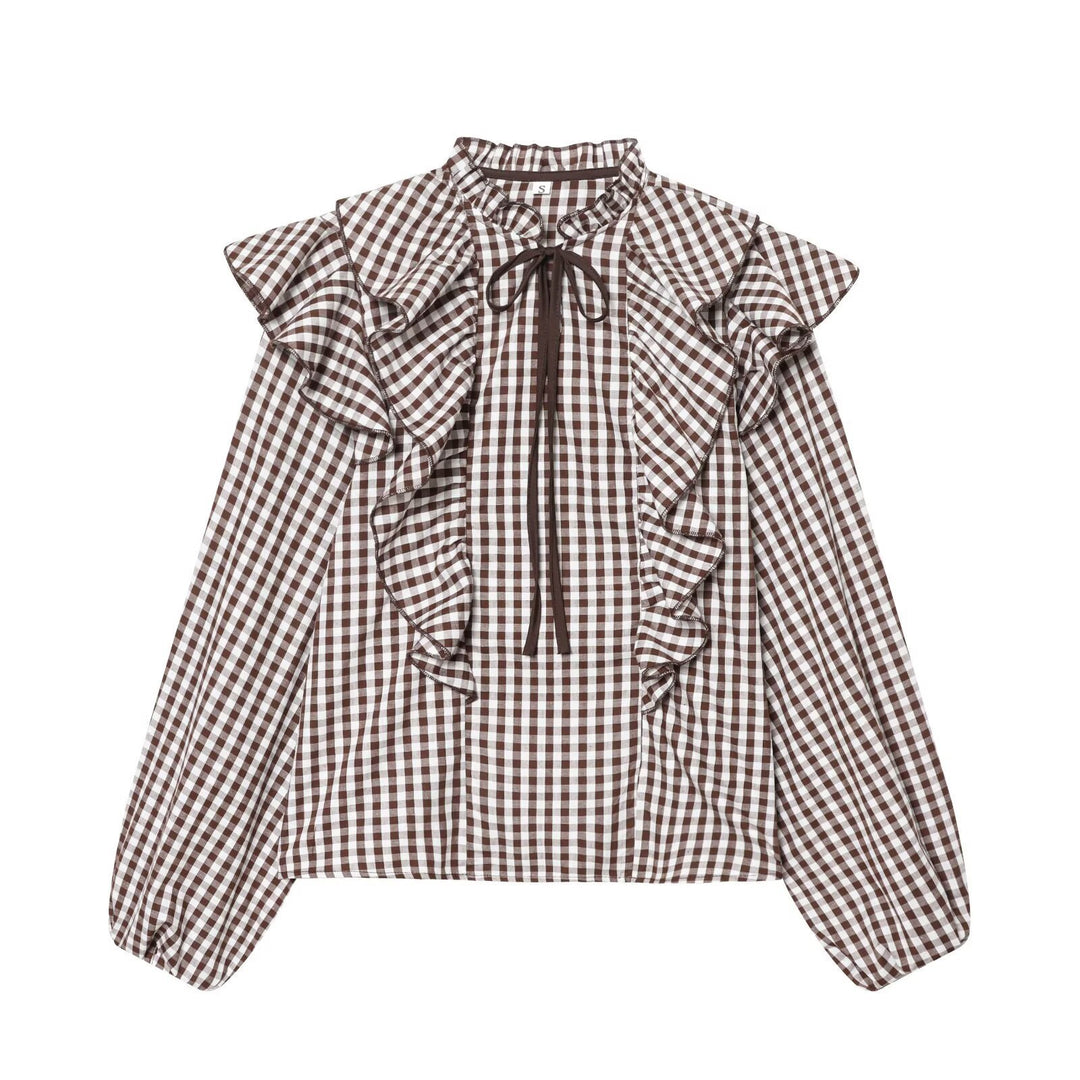 Damen Rüschenshirt mit klassischen Karomuster und eleganten Bindebändern R&B
