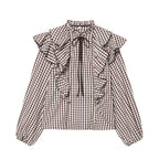 Damen Rüschenshirt mit klassischen Karomuster und eleganten BindR&Bändern R&B