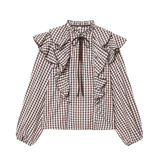 Damen Rüschenshirt mit klassischen Karomuster und eleganten Bindebändern R&B