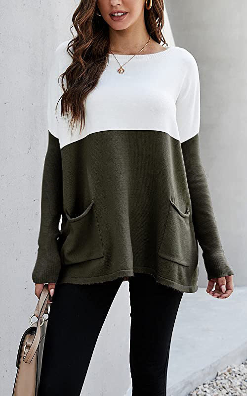 Damen Strickpullover mit großen Fronttaschen und kontrastiertem Design R&B