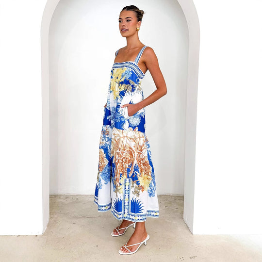 Damen Maxi-Strandkleid im floralen Design mit verstellbaren Spaghettiträgern R&B