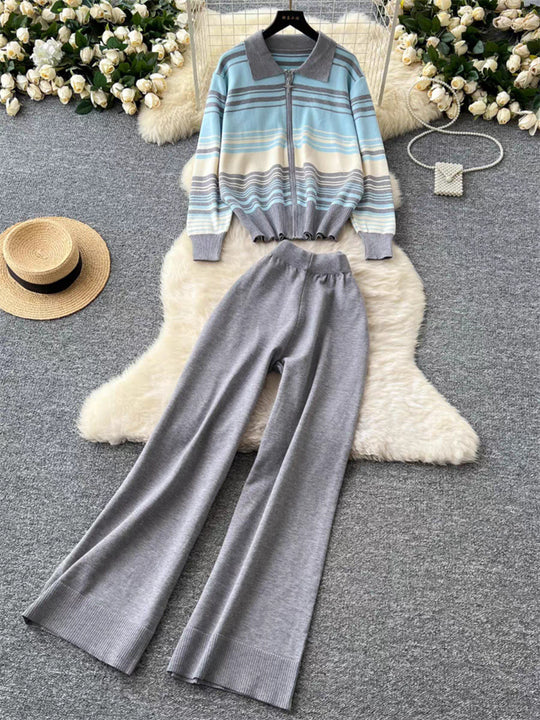 Damen modisches Freizeit-Loungewear-Set mit Reißverschluss und breitem Bein R&B