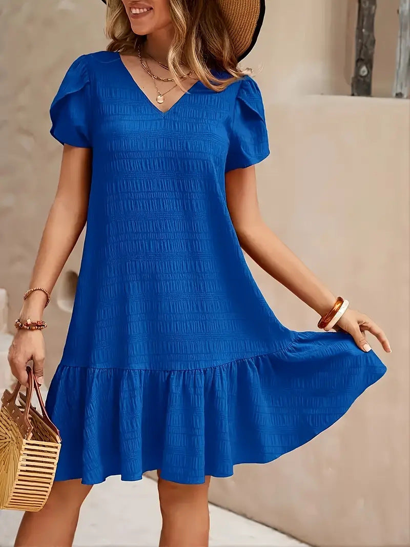 Damen Verspieltes V-Ausschnitt Kleid mit Rüschen und fließendem Schnitt R&B