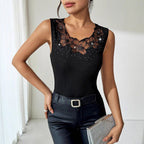 Damen Elegantes Top mit floralen Spitzenapplikationen und Strass R&B
