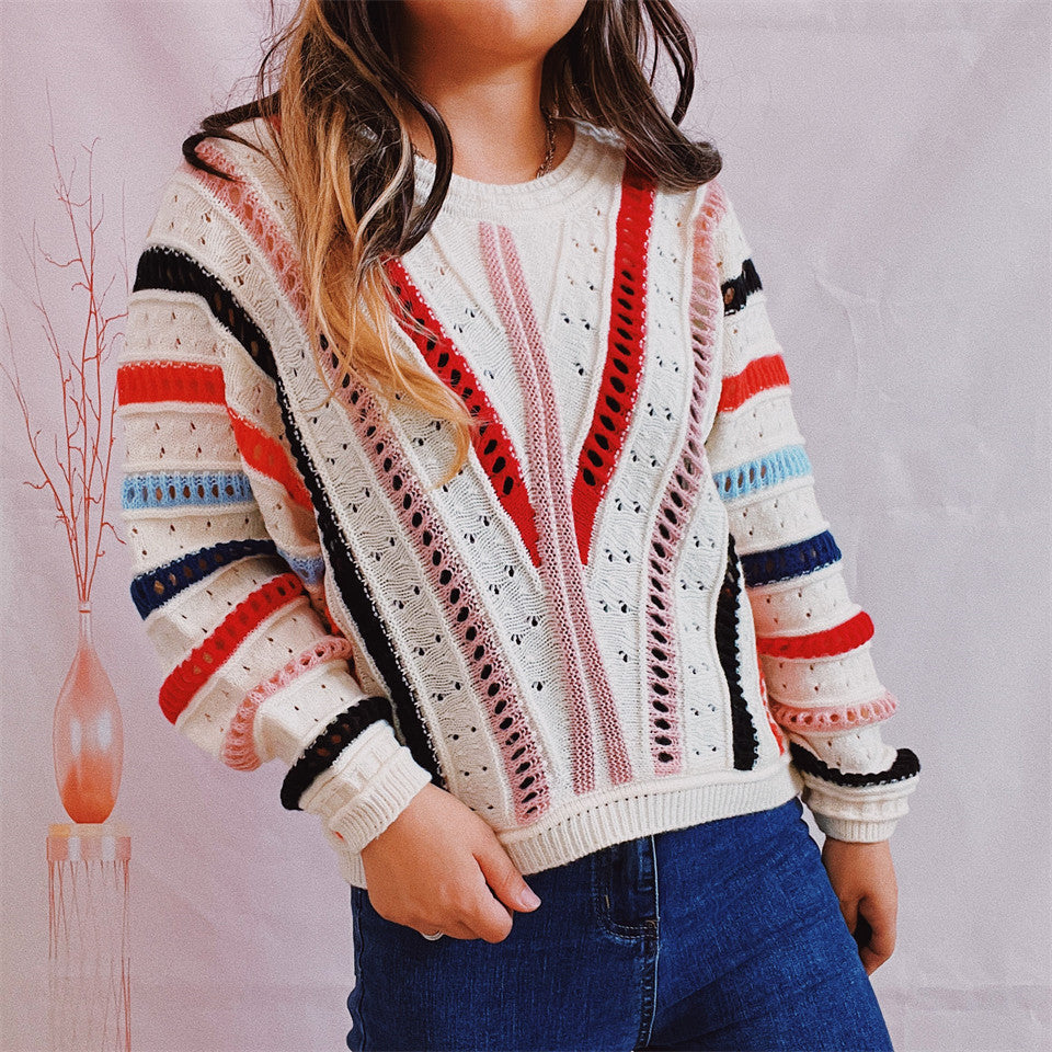Damen lässiger Strickpullover mit modernem Farbverlauf und einzigartiger Lochstruktur R&B